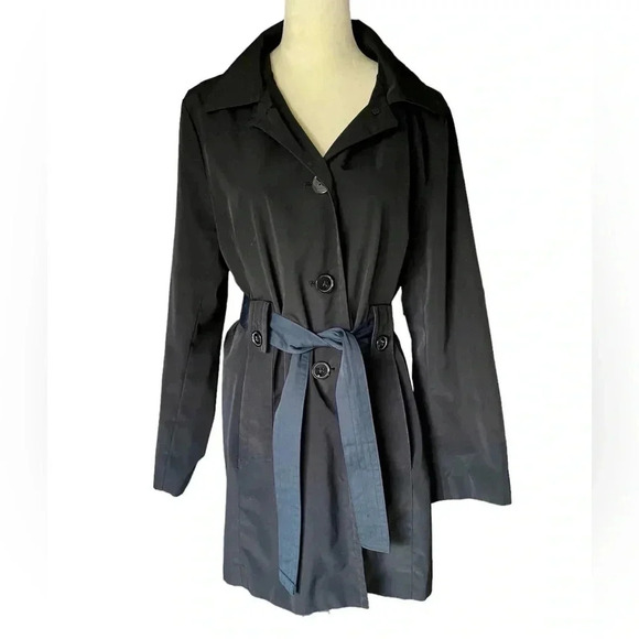 London Fog Belted Button Front Hooded Trench Coat Black Women Size L - Picture 5 of 11